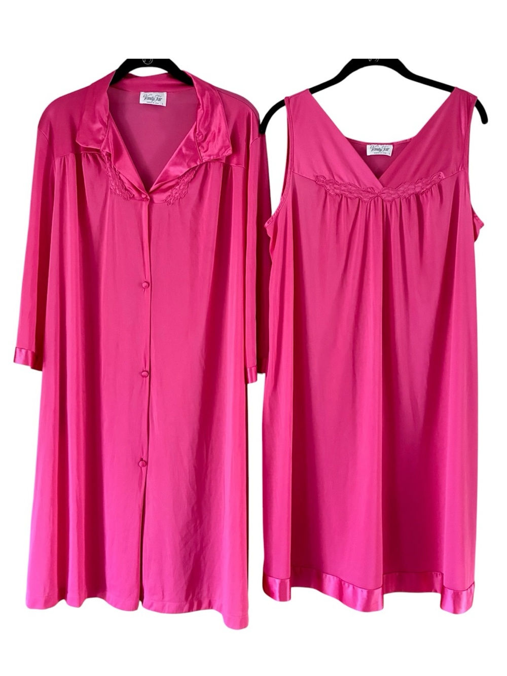 Vanity Fair Vintage Hot Pink Nightgown and Robe Silky Nylon Peignoir Set Large